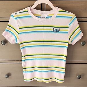 Disney Pink, With Stripe  Short Sleeve Tee with Embroidered Stitch